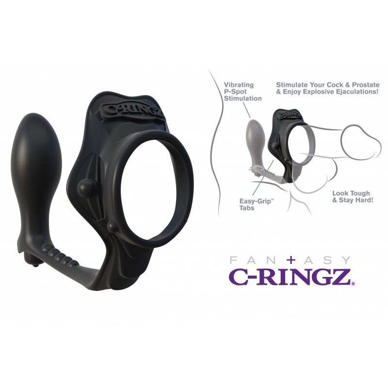 Cock ring with vibrating anal plug for prostatic stimulation and eiaculation delay Cock ring with vibrating anal plug for prostatic stimulation and eiaculation delay